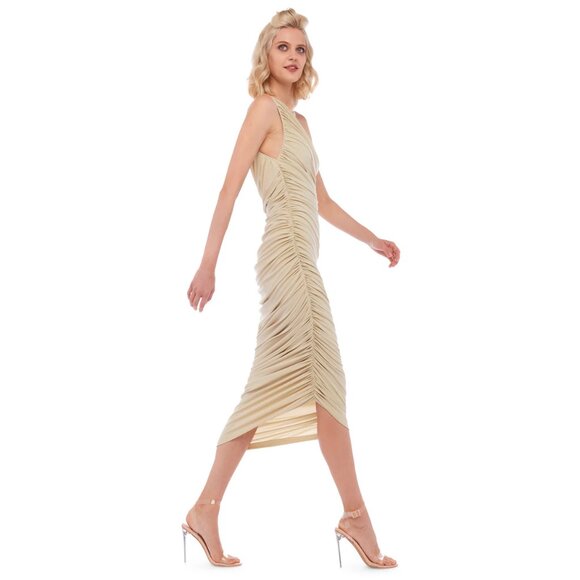 Norma Kamali Diana White Off Shoulder Shirred Stretchy Fitted Midi Dress sz S - Picture 13 of 15